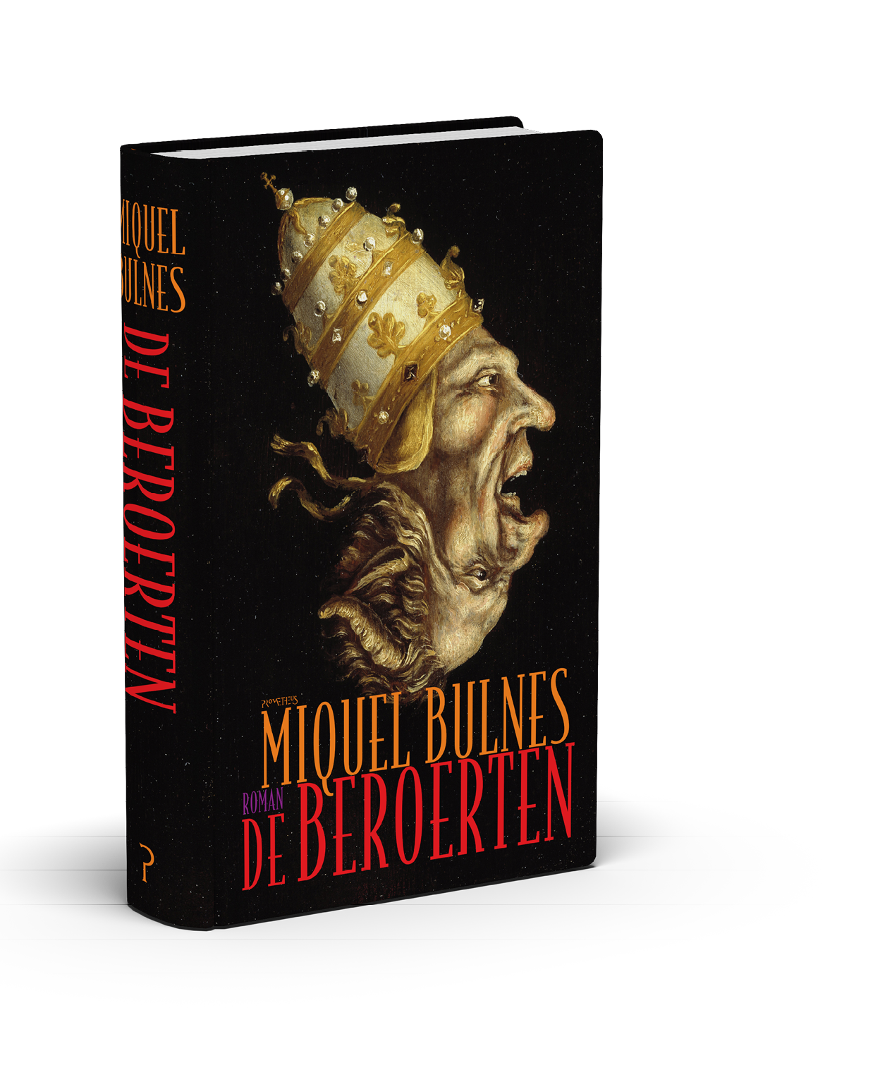 Een boekomslag met een surrealistische afbeelding van een hoofd met een pauselijke mijter dat schreeuwt en de titel “Miquel Bulnes De Beroerten" in grote gele en rode letters. Beschrijving gegenereerd door AI