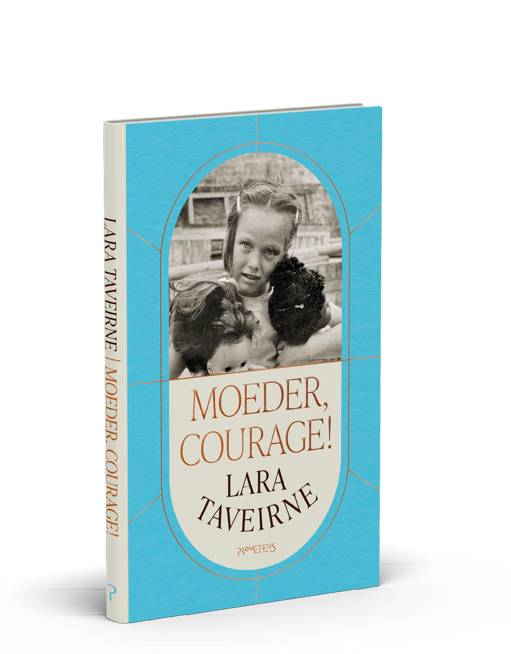 Een boek met een blauwe omslag getiteld Moeder, Courage! van Lara Taveirne met een zwart-wit foto van een persoon die twee kinderen omhelst. Beschrijving gegenereerd door AI
