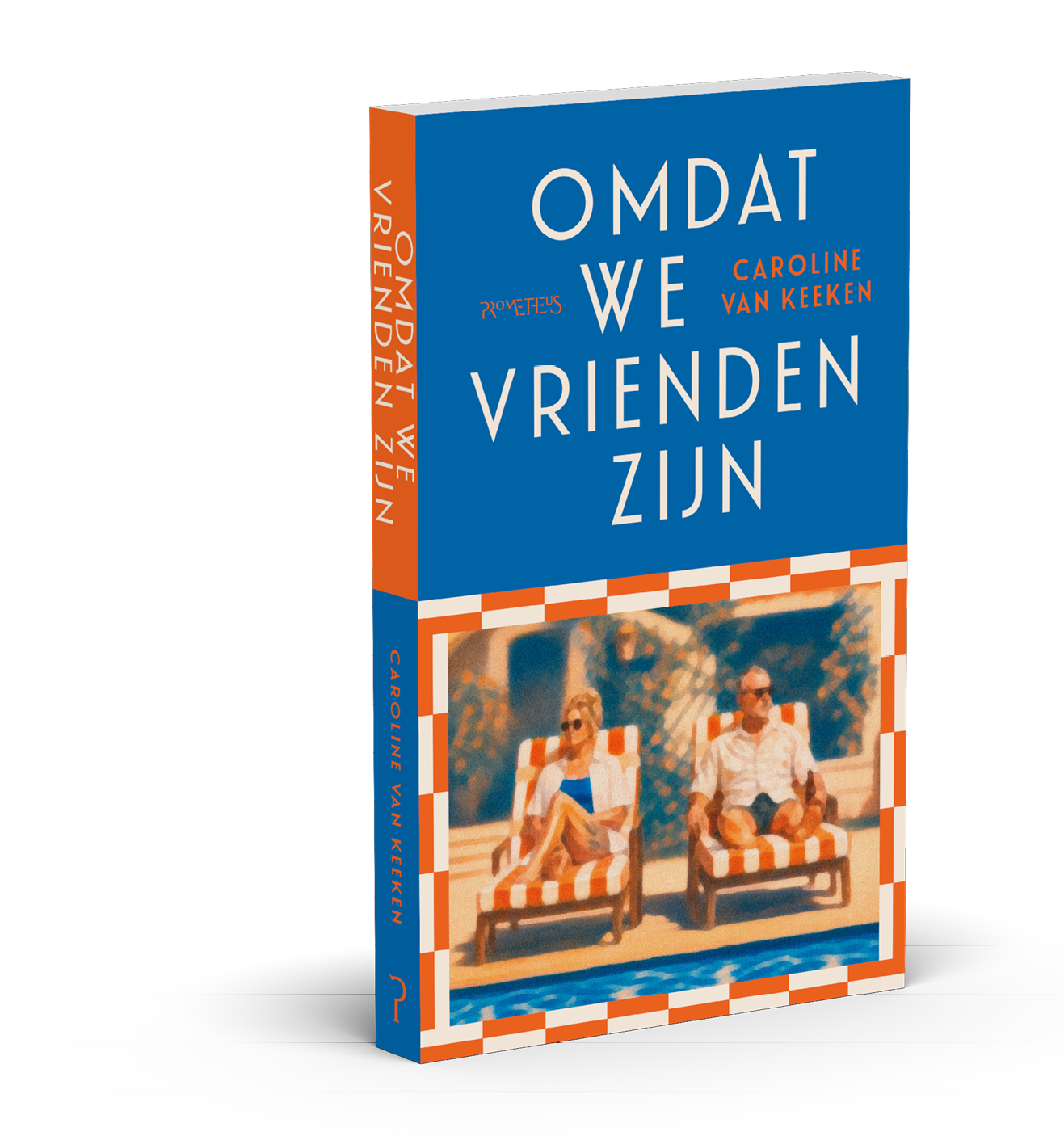 Boekomslag met de titel “Omdat we vrienden zijn" van Caroline van Keeken met een foto van twee volwassenen die ontspannen zitten op gestreepte ligstoelen bij een zwembad. Beschrijving gegenereerd door AI