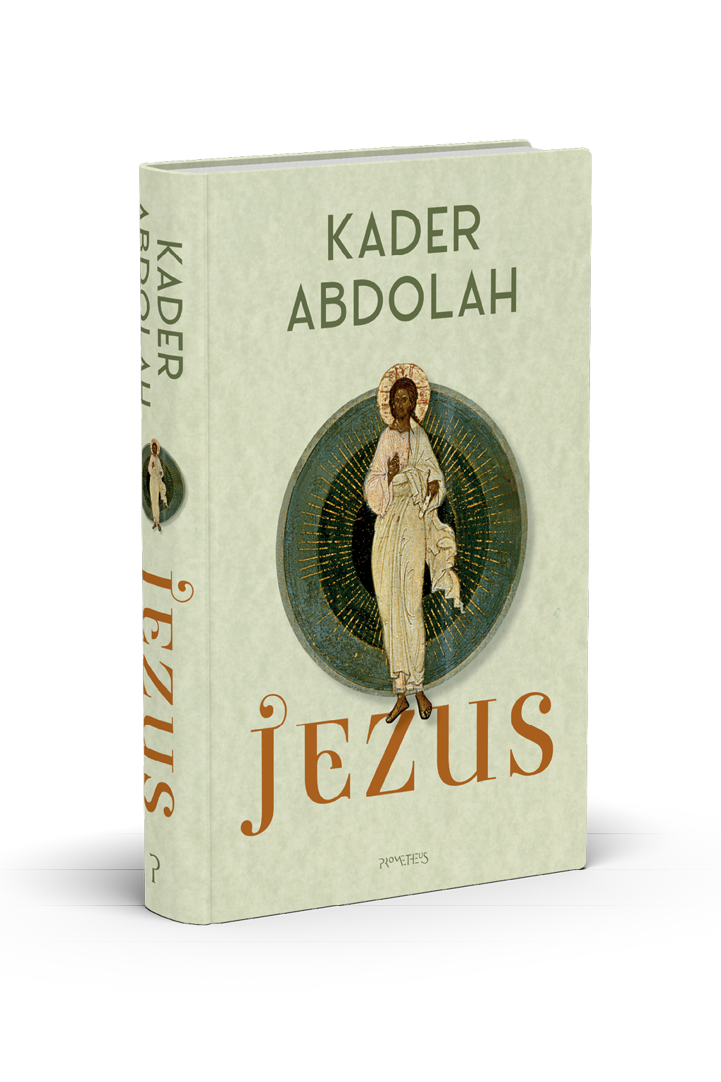 Boek met de titel Jezus van Kader Abdolah met een afbeelding van een persoon in een lange witte jurk met een aureool op de voorkant. Beschrijving gegenereerd door AI