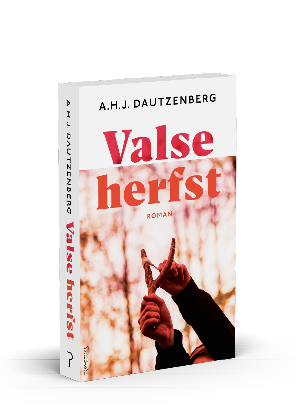 Een boek met de titel Valse herfst van A.H.J. Dautzenberg toont een omslag met een persoon die een tak vasthoudt tegen een achtergrond van herfstbomen. Beschrijving gegenereerd door AI