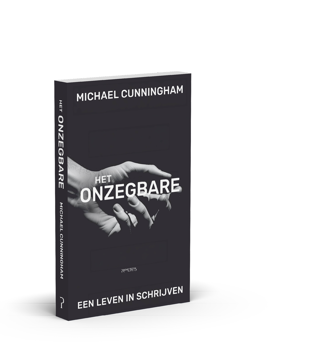 Boekomslag met twee handen die elkaar vasthouden en de titel Het Onzegbare een leven in schrijven van Michael Cunningham. Beschrijving gegenereerd door AI