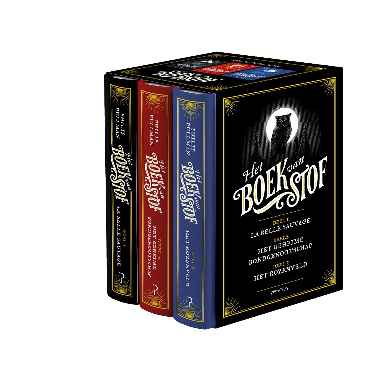 De ruggen van drie boeken van Philip Pullman met de titel Het Boek van Bovenstof in verschillende kleuren en delen. Beschrijving gegenereerd door AI