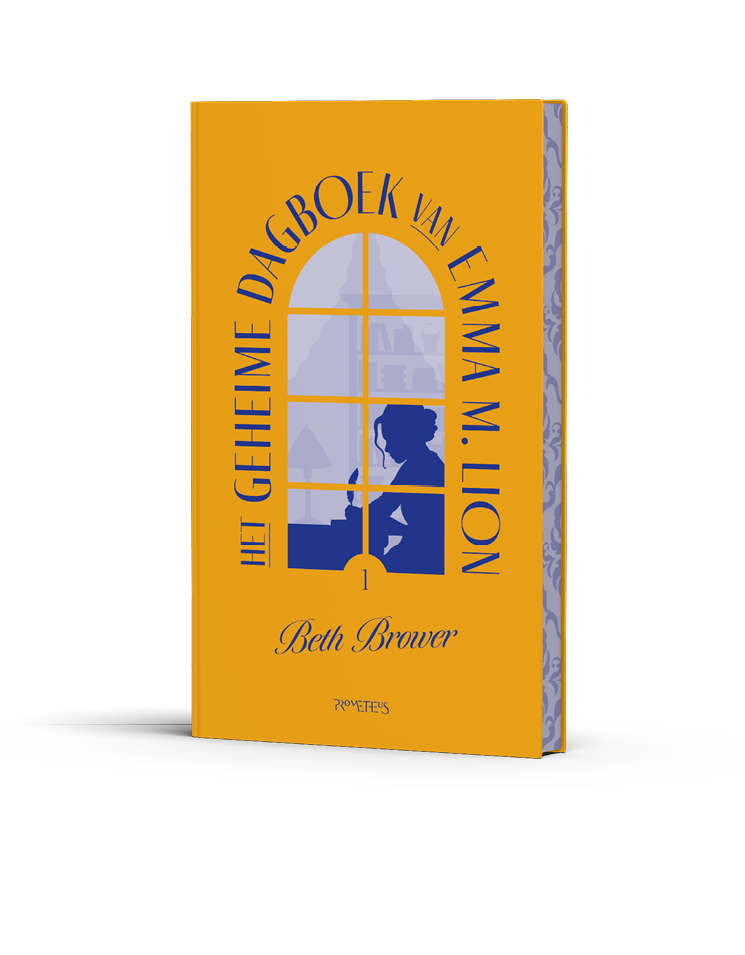 Een boekomslag met een silhouet van een persoon die schrijft bij een raam en de titel Het geheime dagboek van Emma M. Lion van Beth Brower in blauwe letters op een oranje achtergrond. Beschrijving gegenereerd door AI