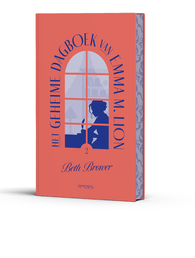 Een boekomslag met een silhouet van een persoon die schrijft aan een bureau achter een raam met de titel Het geheime dagboek van Emma M. Lion en de naam Beth Brower. Beschrijving gegenereerd door AI