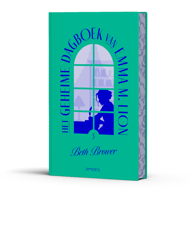 Een boekomslag met een silhouet van een persoon die schrijft bij een raam met de titel Het geheime dagboek van Emma M. Lion en de naam Beth Brower. Beschrijving gegenereerd door AI