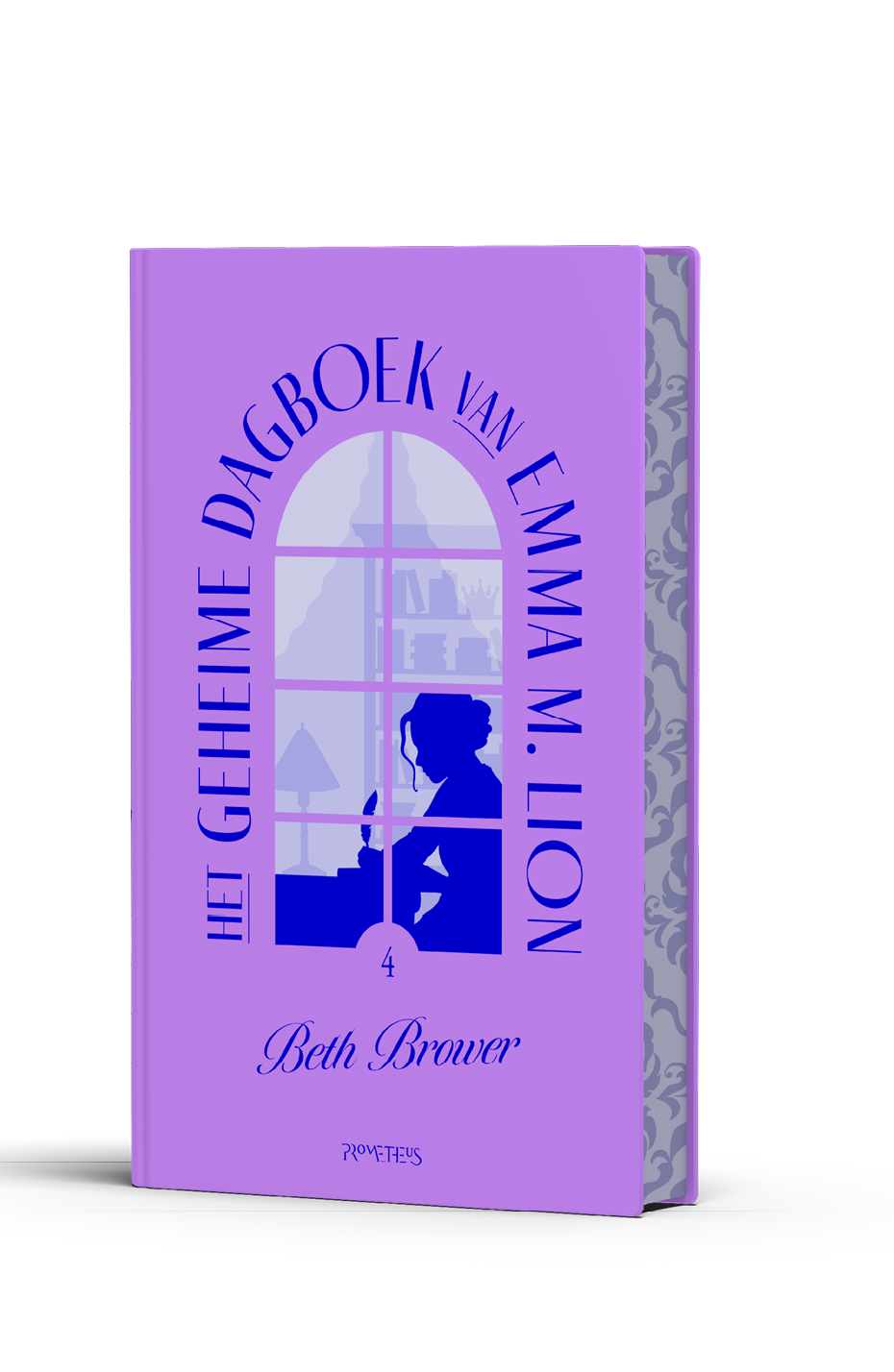 Een paars boek met de titel Het geheime dagboek van Emma M. Lion van Beth Brower met een silhouet van een persoon die schrijft bij een raam. Beschrijving gegenereerd door AI