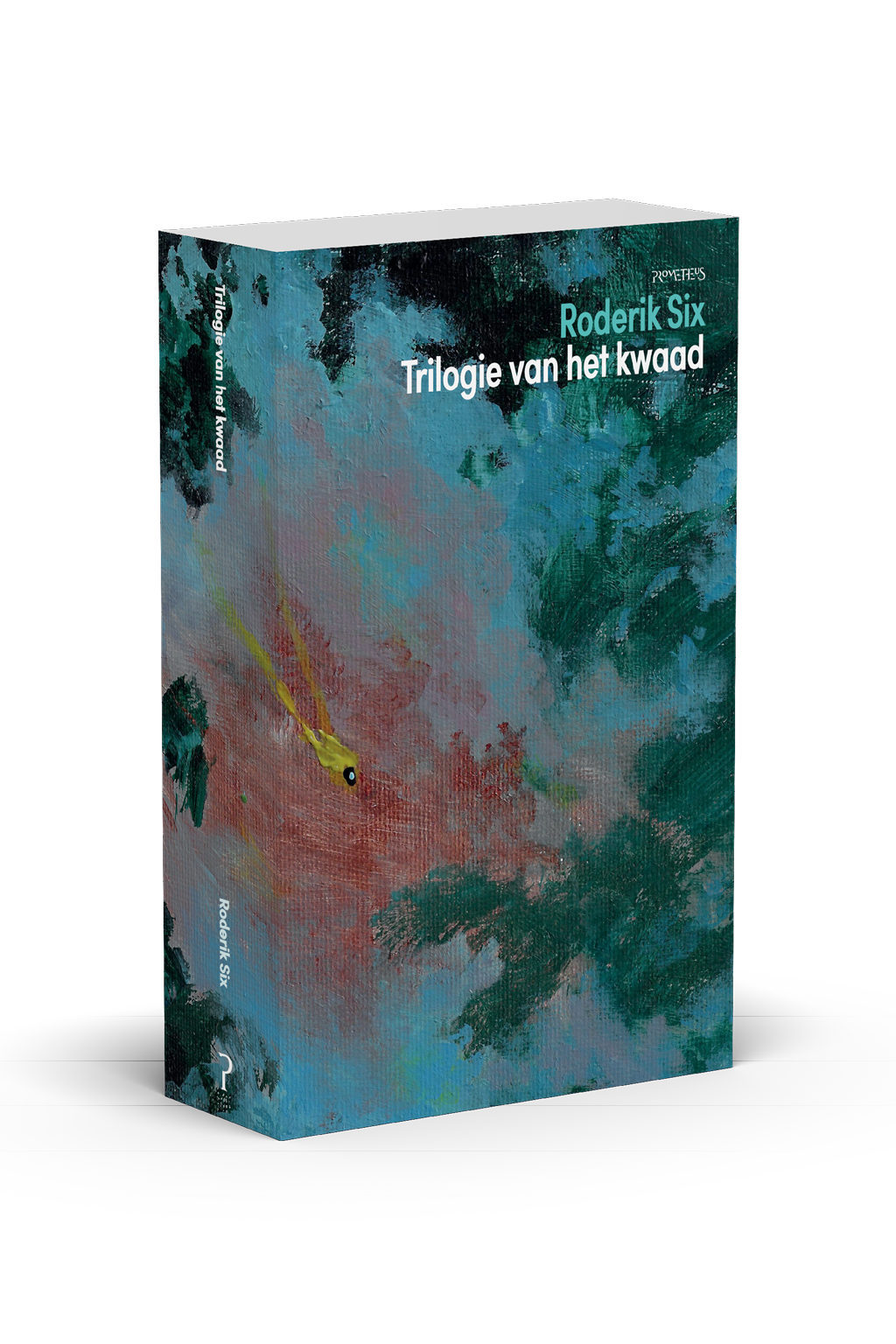 Boekomslag met een abstracte schildering in blauw, groen en roodtinten met de titel Trilogie van het kwaad van Roderik Six. Beschrijving gegenereerd door AI