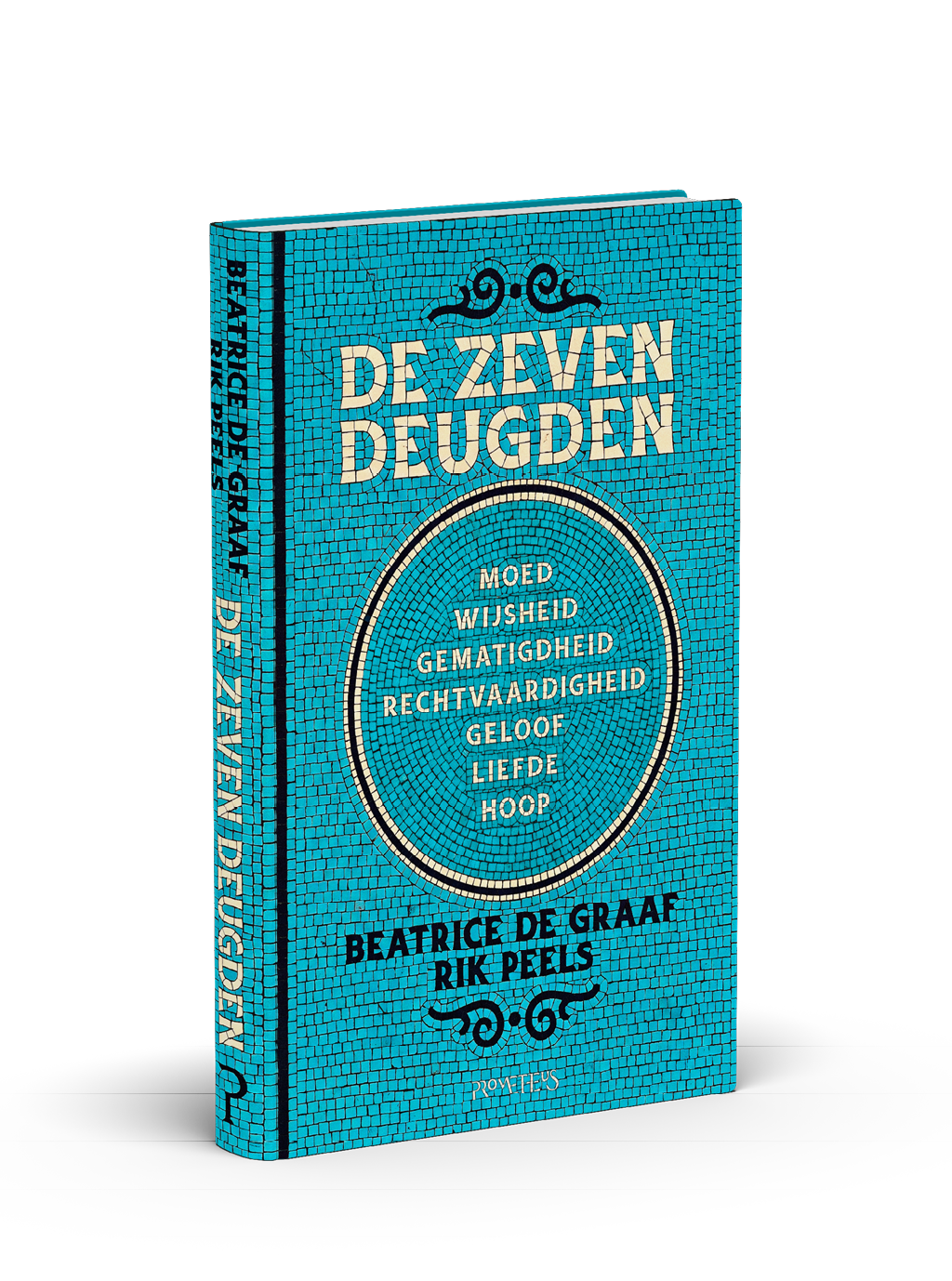 Een blauw boek met de titel De Zeven Deugden en de namen van de auteurs Beatrice de Graaf en Rijk Peels, met een lijst van zeven deugden in een cirkel op de voorkant. Beschrijving gegenereerd door AI