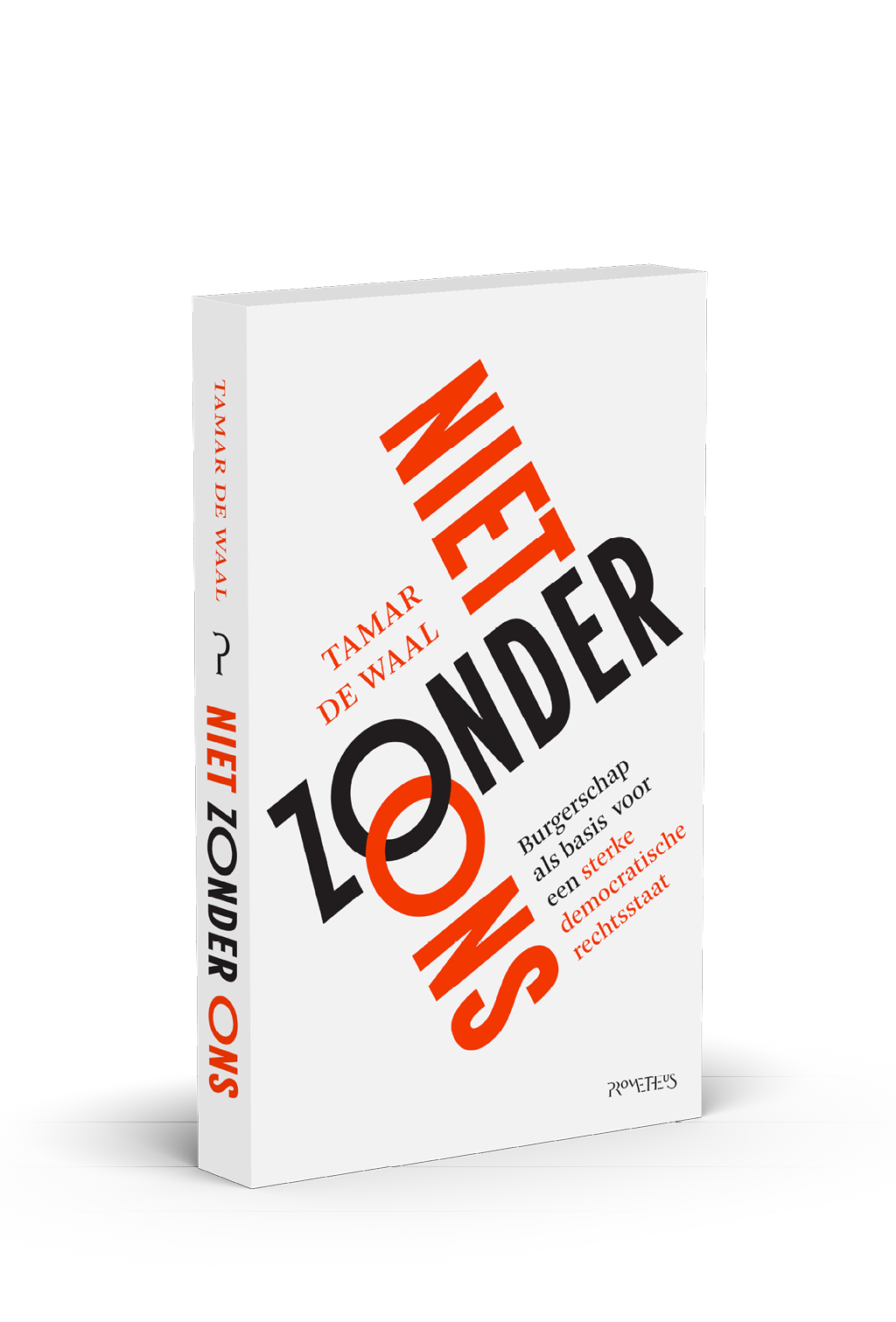 Een boek met de titel “Niet Zonder Ons" van Ta gar de Vaal met een witte kaft en tekst in zwart en oranje. Beschrijving gegenereerd door AI