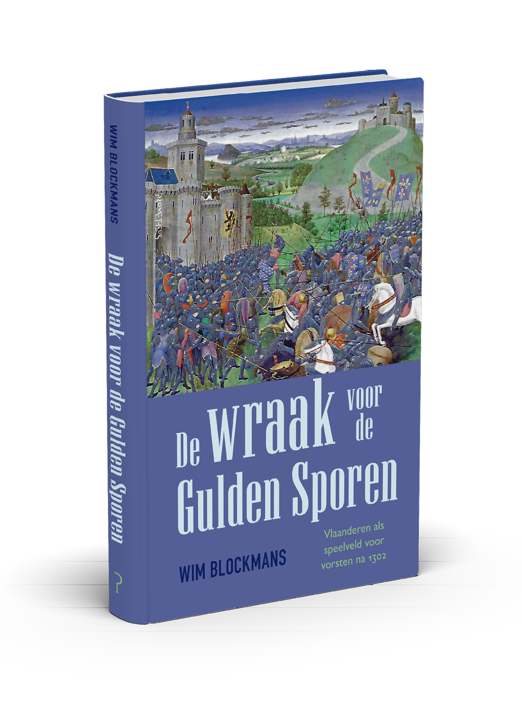 Boek met een middeleeuwse veldslagillustratie op de omslag en de titel De wraak voor de Gulden Sporen van Wim Blockmans. Beschrijving gegenereerd door AI