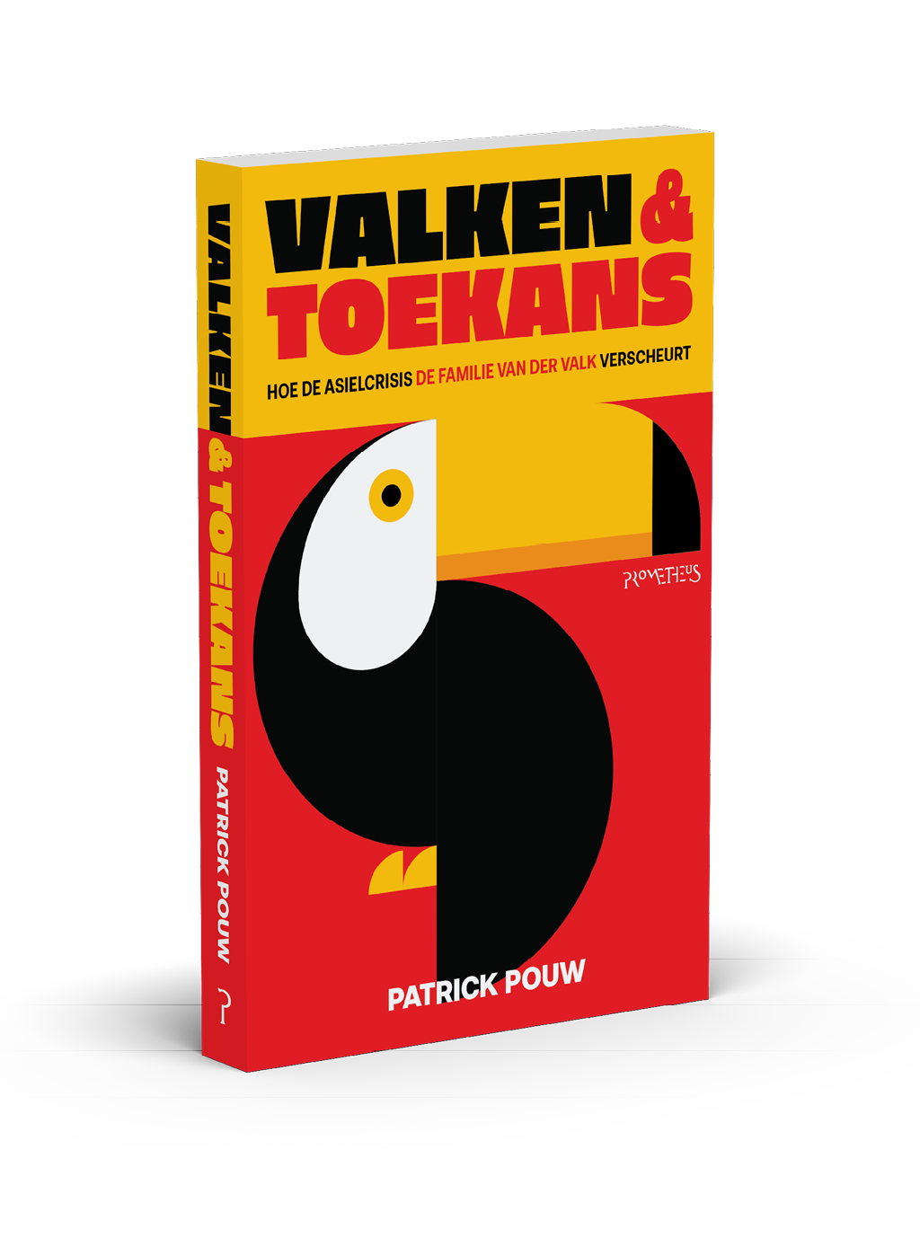 Boekomslag met de titel Valken & Toekans in grote gele en rode letters en een gestileerde afbeelding van een toekan op een rode achtergrond. Beschrijving gegenereerd door AI