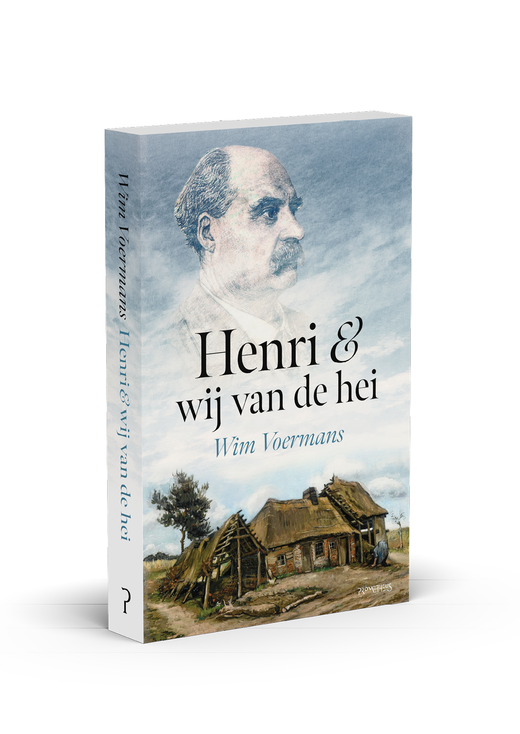 Boekomslag met een schilderachtige afbeelding van een oud huis op het platteland en een vaag portret van een persoon op de achtergrond met de titel Henri & wij van de hei en de naam Wim Voermans. Beschrijving gegenereerd door AI
