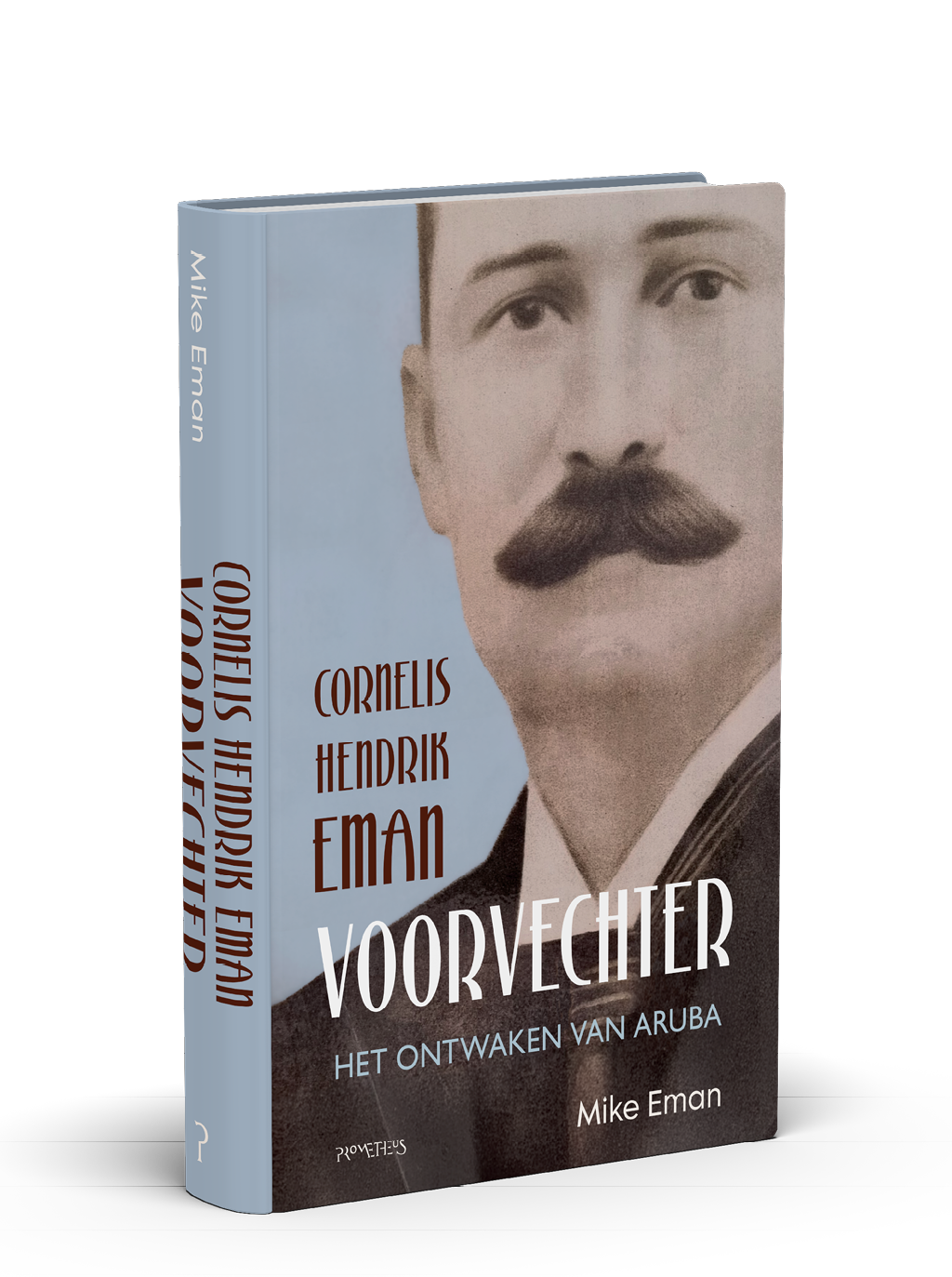 Boekomslag van een biografie met een sepiafoto van een persoon in een colbert en de titel “Cornelis Hendrik Eman Voorvechter Het Ontwaken van Aruba" geschreven door Mike Eman. Beschrijving gegenereerd door AI