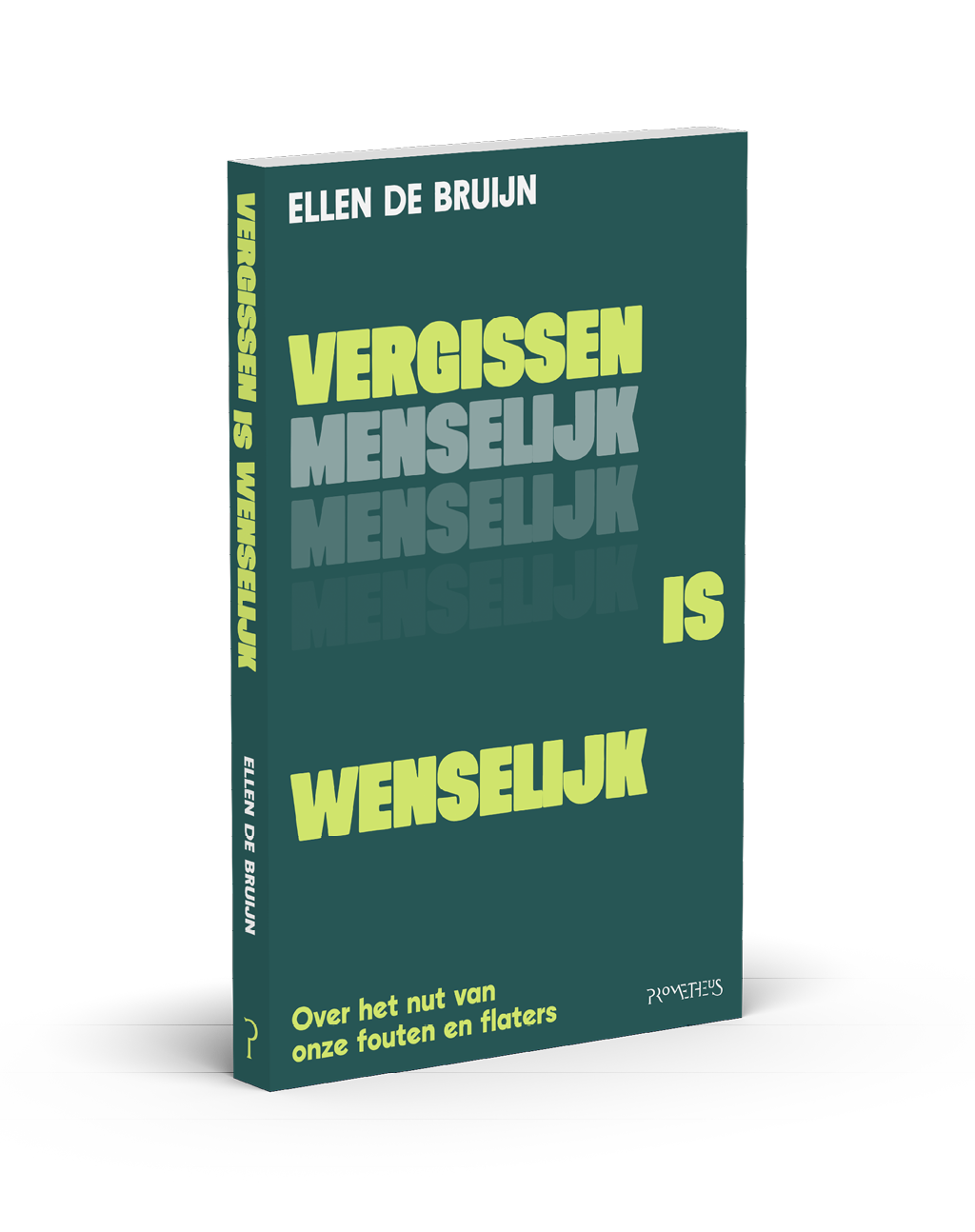 De afbeelding toont de woorden “VERGISSEN", "MENSELIJK" in verschillende tinten en vervagende lagen, gevolgd door het woord "WENSELIJK" in grote gele letters op een donkere achtergrond. Beschrijving gegenereerd door AI