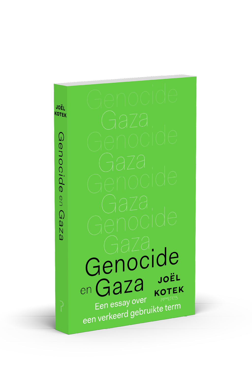Een groen boek met de titel Genocide en Gaza geschreven door Jo l Kotek met een ondertitel over een essay van een verkeerd gebruikte term. Beschrijving gegenereerd door AI