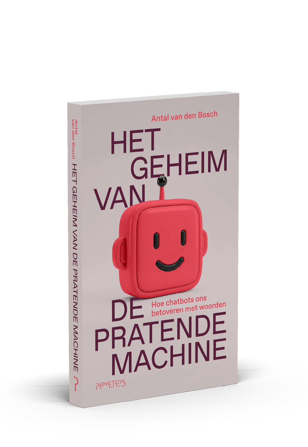 Boek met de titel Het geheim van de pratende machine met een illustratie van een rood lachend robothoofd op de voorkant. Beschrijving gegenereerd door AI