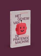 Een boek met de titel Het geheim van de pratende machine van Antal van den Bosch met een illustratie van een rood lachend robothoofd. Beschrijving gegenereerd door AI
