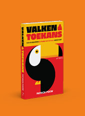 Boekomslag met de titel Valken & Toekans in grote zwarte en rode letters, een gestileerde illustratie van een toekan en een ondertitel over de asielcrisis en familie van der Valk. Beschrijving gegenereerd door AI