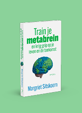 Een boek met de titel Train je metabrein en krijg grip op je leven en de toekomst van Margriet Sitskoorn met een illustratie van een groenblauwe hersenstructuur op de voorkant. Beschrijving gegenereerd door AI