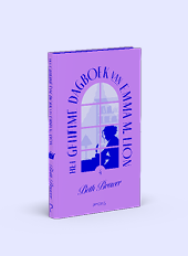 Een paars boek met een silhouet van een persoon die bij een raam zit en schrijft, met de titel Het geheime dagboek van Emma M. Lion van Beth Brower. Beschrijving gegenereerd door AI