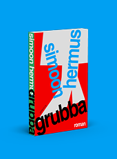 Een boek met een kleurrijke omslag waarop de naam Simoon Hermus en de titel Grubba in grote letters staan, met een abstract rood-wit-blauw ontwerp op een blauwe achtergrond. Beschrijving gegenereerd door AI